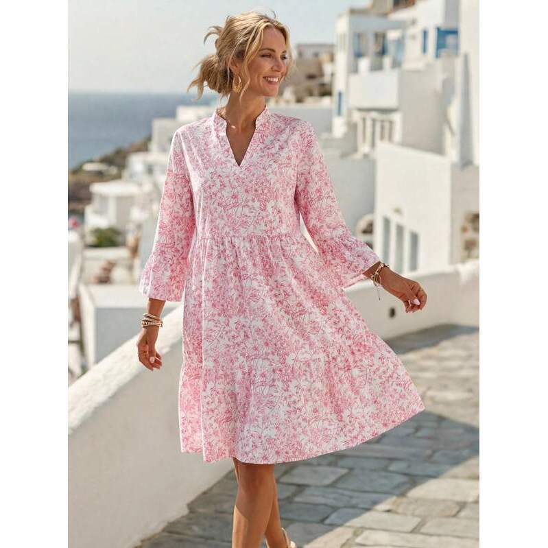 Emery Rose Floral Notched Neck Flare Sleeve Dress,White And Pink Sum